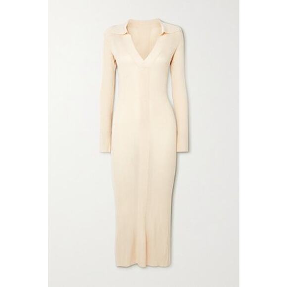 REMAIN Birger Christensen Joy Long Sleeve Rib Midi Sweater Dress Cream Women's S - Picture 1 of 4